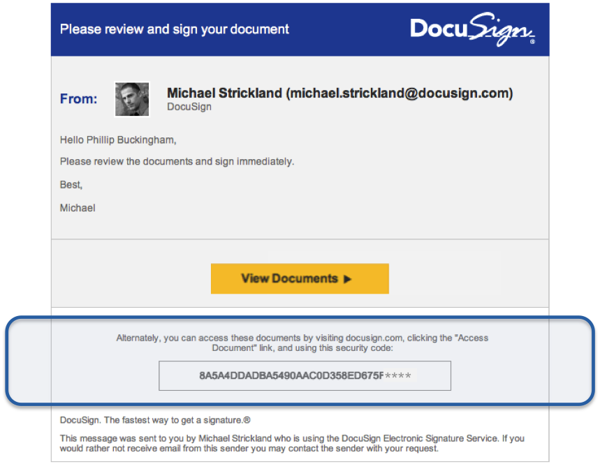 A pixel-perfect copy of a DocuSign email notification with a fake weblink inside