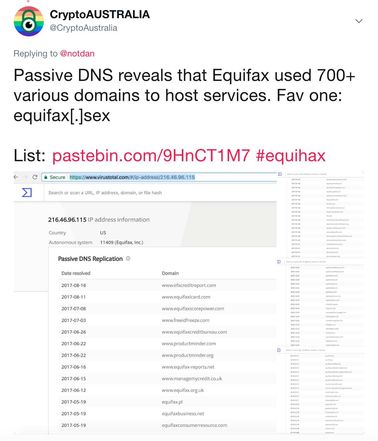 Domain names include strage ones like 'equifax.sex'